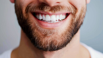 Obraz premium Closeup of mans smile with white teeth. Dental care, teeth whitening procedure at dentist.