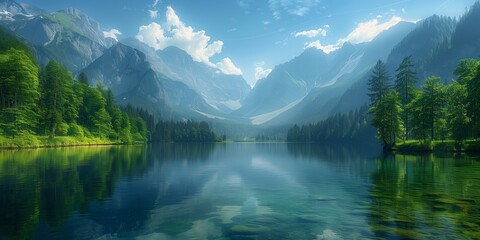 Fototapeta premium Tranquil Forest Lake with Wooden Pier and Sunlight Filtering through Lush Green Canopy, Capturing the Peaceful Atmosphere of a Serene Morning in Nature for High-Resolution Stock Photography