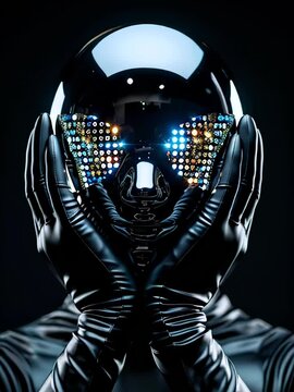 Futuristic Cyberpunk Robot with LED Face Display and Glossy Black Suit in Dark Background