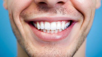 Fototapeta premium Closeup of mans smile with white teeth. Dental care, teeth whitening procedure at dentist.