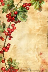 watercolor clipart of currants on parchment page, vintage scrapbook page, copy space in center, for Junk Journal, Digital Paper, Printable Journaling page, Scrapbooking