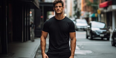 Male latin model in a classic black cotton t-shirt on a city street