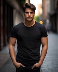 Male latin model in a classic black cotton t-shirt on a city street