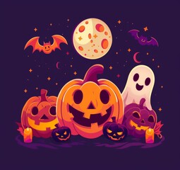 Fototapeta premium illustration of cartoon cute pumpkins, moon and ghost on purple background for Halloween festival design.