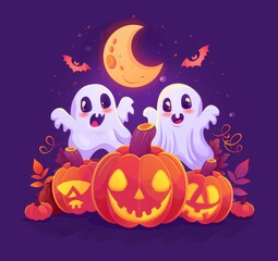 Fototapeta premium illustration of cartoon cute pumpkins, moon and ghost on purple background for Halloween festival design.