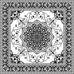 vintage scarf Black mandala surrounded by abstract frame black prayer mat pattern on white background