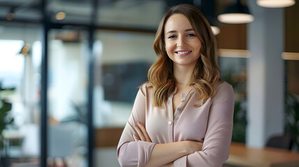 Confident businesswoman smiling in modern office environment