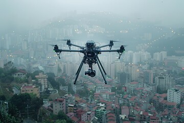 An AI-driven drone flying over a smart city, capturing data with multiple sensors and cameras.