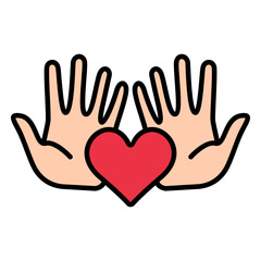 Hands with heart line icon. Love, care, support, charity, compassion, kindness, community, hands, heart, symbol, protection, help, humanity, affection, connection, empathy, wellness.