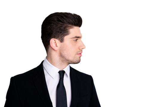 Close up side profile photo amazing he him his macho attractive handsome look watch wondered empty space not smiling wear white shirt black suit jacket tie formalwear isolated bright grey background