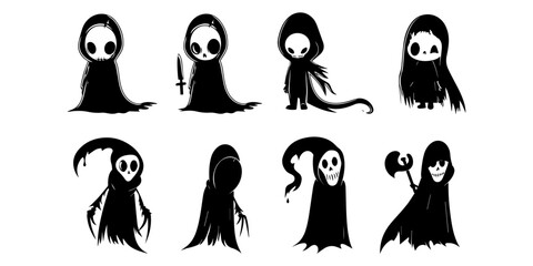 four cute cartoon grim reaper silhouettes, white background
