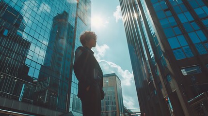 Entrepreneur with futuristic blue holographic building design, ideal real estate investment