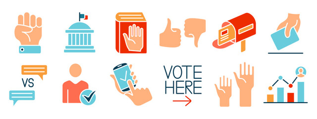 Voting set icon. Election, voting, ballot, mobile voting, debate, candidate, poll, voter registration, election analysis, government, campaign, approval, rejection, mail voting, democracy, politics