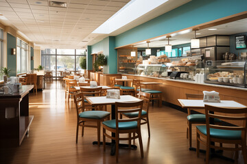 Modern hospital cafeteria with sleek tables and health-focused menu board