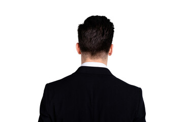 Close up back rear behind view photo of cool smart successful chief stand behind show shoulders feel glad content relaxed wear classic clothes isolated on argent background
