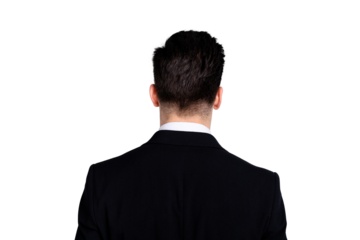 Close up back rear behind view photo of cool smart successful chief stand behind show shoulders feel glad content relaxed wear classic clothes isolated on argent background