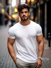 Male latin model in a classic white cotton t-shirt on a city street