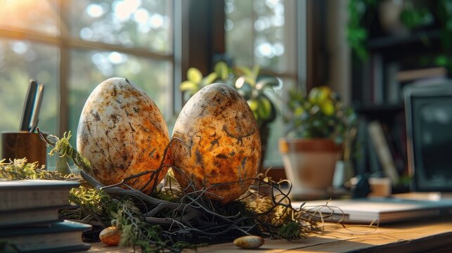 Dinosaur eggs on a classic desk setup, symbolizing growth with a touch of fantasy