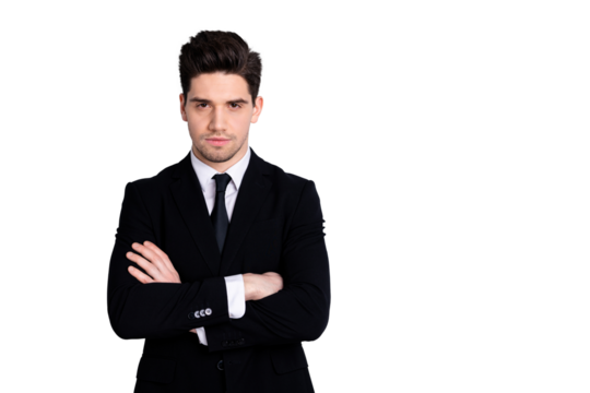 Portrait of charming strict executive leader leadership feel glad relaxed ready for project intelligence inspired interested dressed fashionable he his outfit isolated on silver background