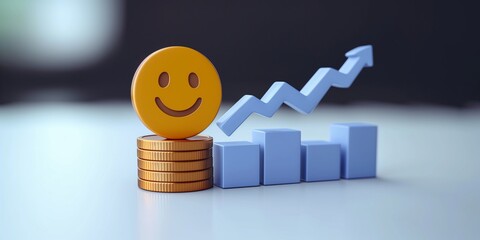 Customer satisfaction and business growth concept. Smiley face icon on rising graph with stacks of coins. Business, finance, investment, and success.
