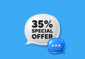 35 percent discount offer tag. Text box speech bubble 3d icons. Sale price promo sign. Special offer symbol. Discount chat offer. Speech bubble banner. Text box balloon. Vector