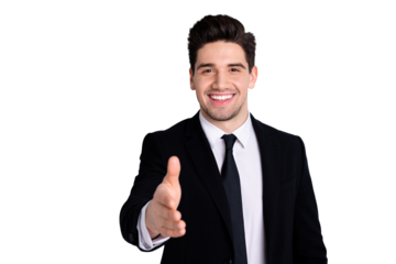 Close up photo of glad content charming youngster investor investment have meeting greet hand feel enjoy partner partnership concept he his black jacket isolated on silver background