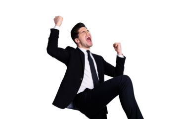 Portrait of handsome stylish leader leadership yell yeah incredible news information startup raise fists feel thrilled chief executive wear modern black blazers trousers isolated on grey background