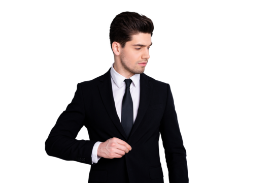 Portrait of gorgeous attractive chief investor investment true leader leadership expert ready for work touch feel content satisfied button expensive blazer look isolated on grey background - Powered by Adobe