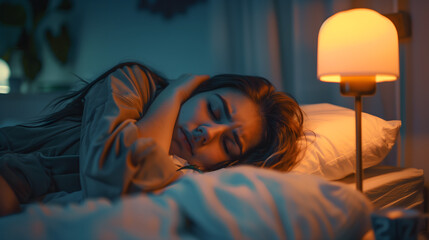 The woman sleeping at night is disturbed by noise