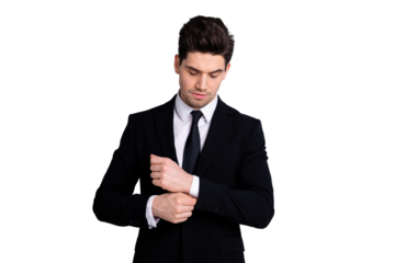 Portrait attractive handsome gorgeous representative stylish touch hand jacket button satisfied glad think project strategy thoughtful worried modern classic clothing isolated silver background