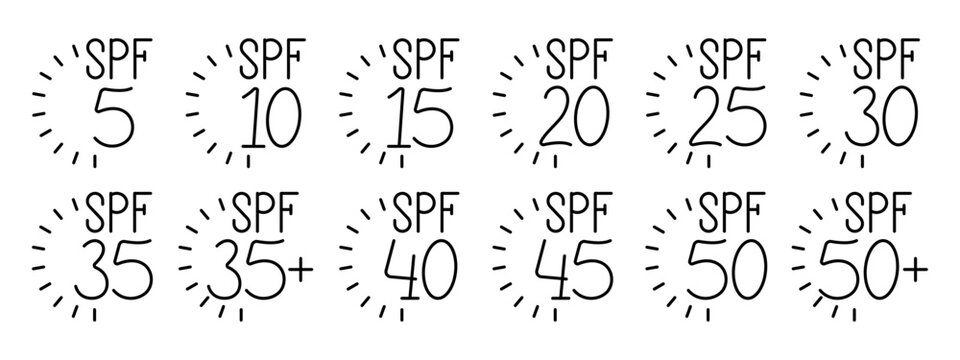 SPF set icon. Sun protection, SPF 5 to 50, sunscreen, UV protection, skin care, sunblock, various levels, summer care.