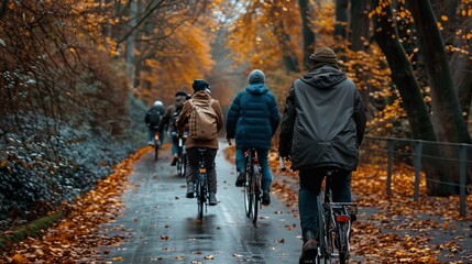 Friends happily enjoying a bike ride through the stunning beauty of a lush forest landscape
