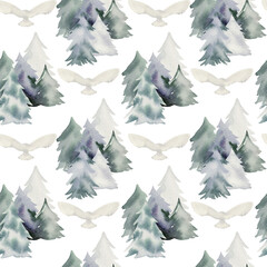 Obraz premium Watercolor winter seamless pattern with spruces for fabric, wrapping paper, etc.