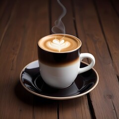 Obraz premium A steaming hot cup of freshly brewed coffee with creamy, white milk swirled into the dark liquid, creating a rich and inviting beverage on a wooden table