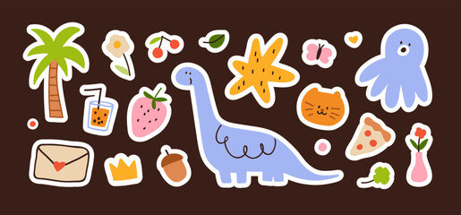 Cute doodle sticker pack. Funny kawaii kids design elements set. Dinosaur, cat, strawberry, flower, decorative cliparts bundle, collection in childs whimsical style. Isolated flat vector illustration