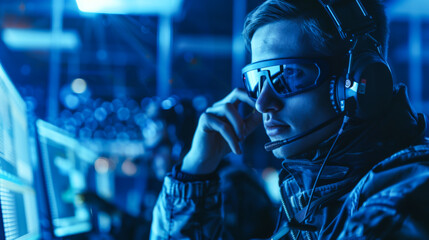 Portrait of a hacker trying to hack a security system. Excellent data protection shielding. Cyber Attack Response