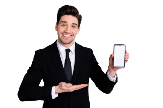 Portrait of handsome sales representative feel excited advise choose recommend advertise say look new gadget sale discount present dressed black jackets isolated on grey background