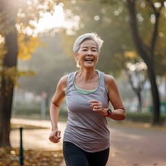 Senior woman jogging in the park healthy lifestyle for longevity concept