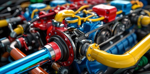 Close-up view of a high-performance car engine showcasing colorful components, highlighting power and precision engineering.