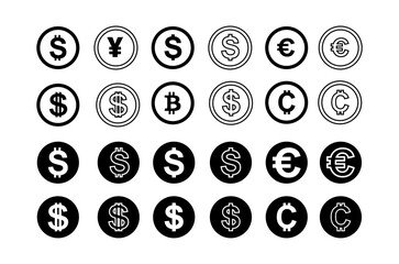 Money and currency exchange icon set illustration. dollar,,yen and more