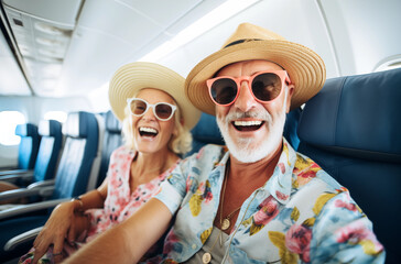 Obraz premium An elderly couple enjoying a fun airplane ride, dressed in colorful attire and wearing sunglasses. Their happy expressions and playful mood make the scene lively and memorable