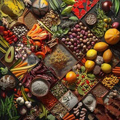 Vibrant and Textural Arrangement of Diverse African Culinary Ingredients in a Geometric Pattern