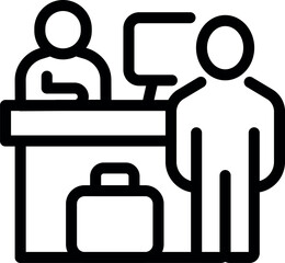 Obraz premium Line drawing of a businessman waiting at an airport check in counter with his suitcase