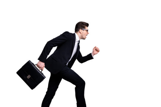 Profile side view portrait of his he nice elegant classy attractive worried guy carrying diplomat white collar rush hour late to workplace career growth isolated over light gray background