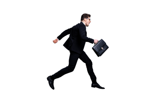 Full length body size profile side view portrait of his he nice classy attractive worried guy carrying in hands diplomat executive company director career growth isolated on light gray background