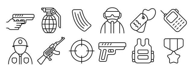 Military set icon. Soldier, handgun, grenade, magazine, sniper, dog tags, radio, helmet, assault rifle, target, bulletproof vest, medal.