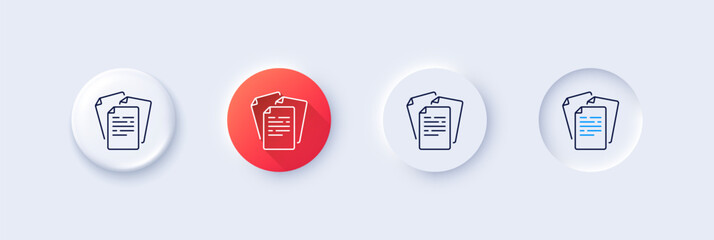 Documents line icon. Neumorphic, Red gradient, 3d pin buttons. Doc file page sign. Office note symbol. Line icons. Neumorphic buttons with outline signs. Vector