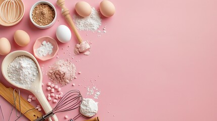 Baking ingredients and tools on a pink background.