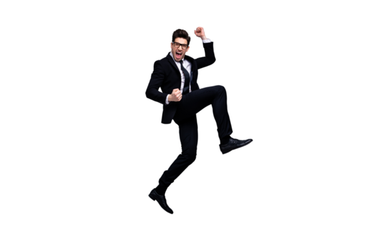 Full length body size view portrait of his he nice attractive crazy cheerful guy executive top manager financier banker career growth experience skills isolated on light gray background