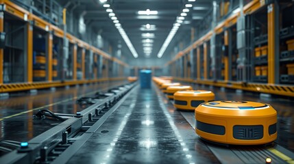 Obraz premium Automated Robots in High-Tech Warehouse. Automated robots efficiently navigate a high-tech warehouse, emphasizing advanced logistics and modern storage solutions.